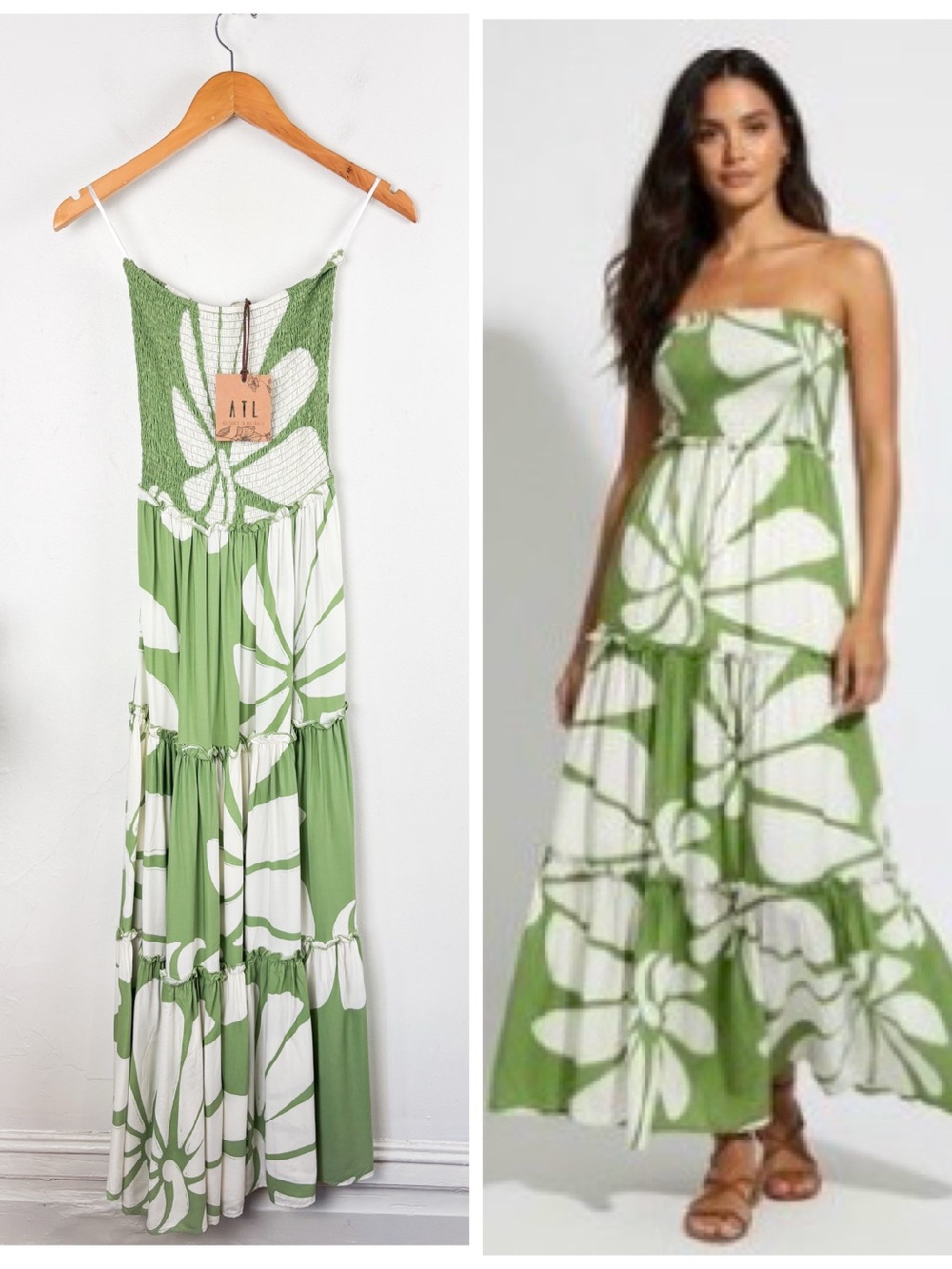 NWT Abel The Label Matcha Green Strapless Tiered Maxi Dress Sz XS